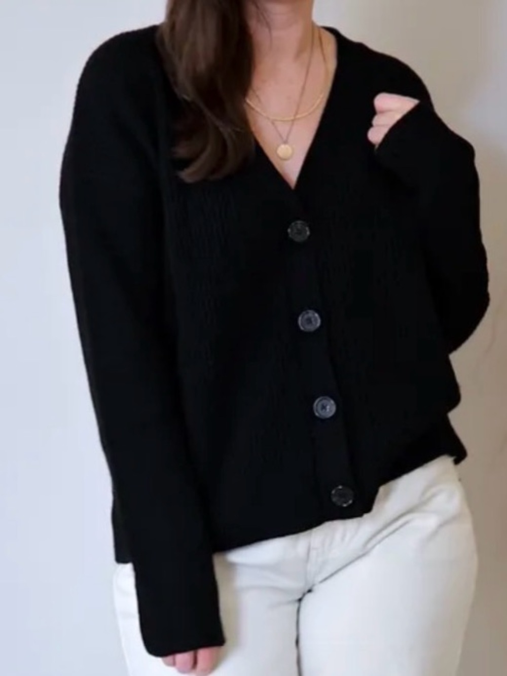 Quince black Ribbed Knit V-Neck Cardigan